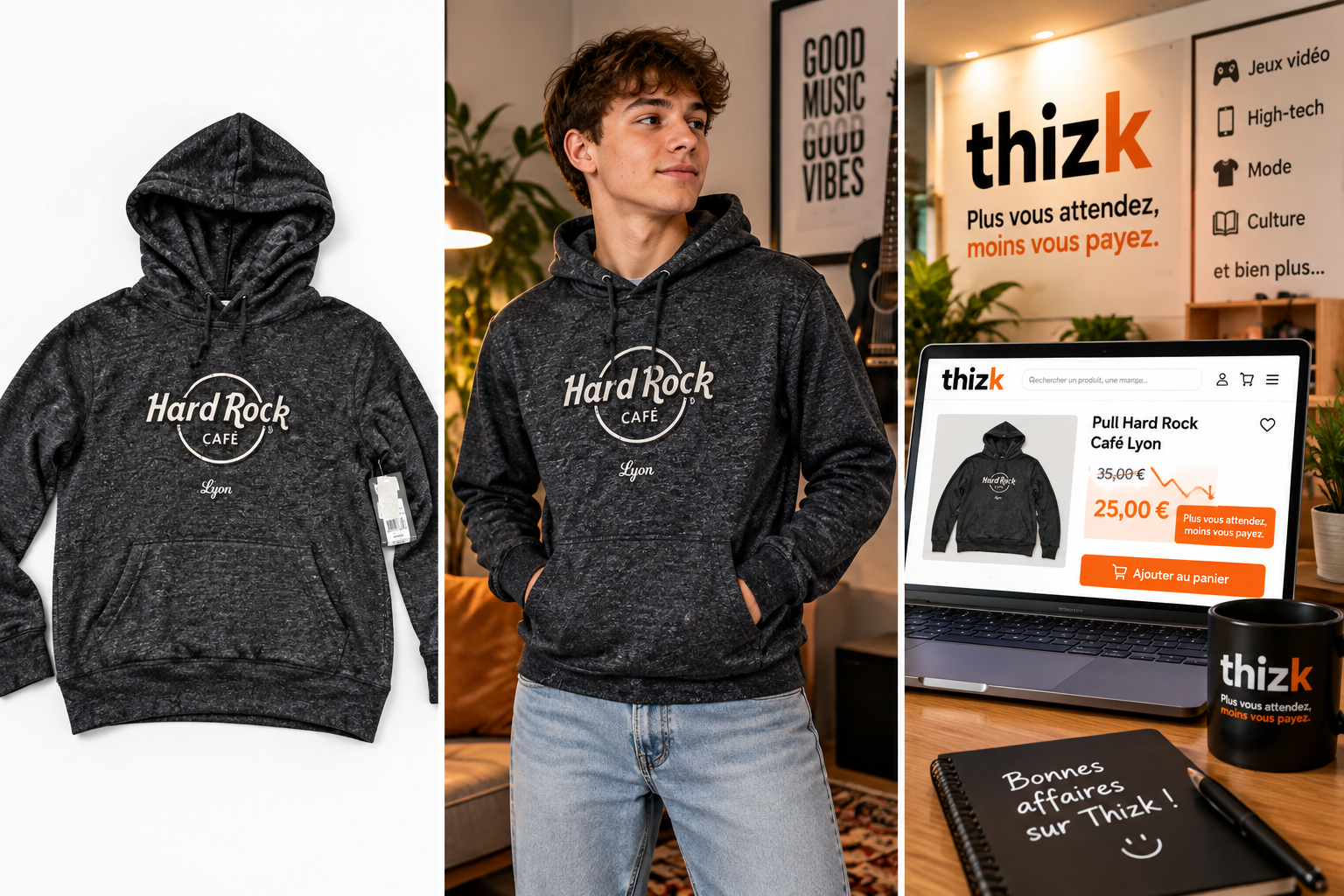 Sweat à capuche Hard Rock Café Lyon – Taille XL – Jamais porté avec étiquette