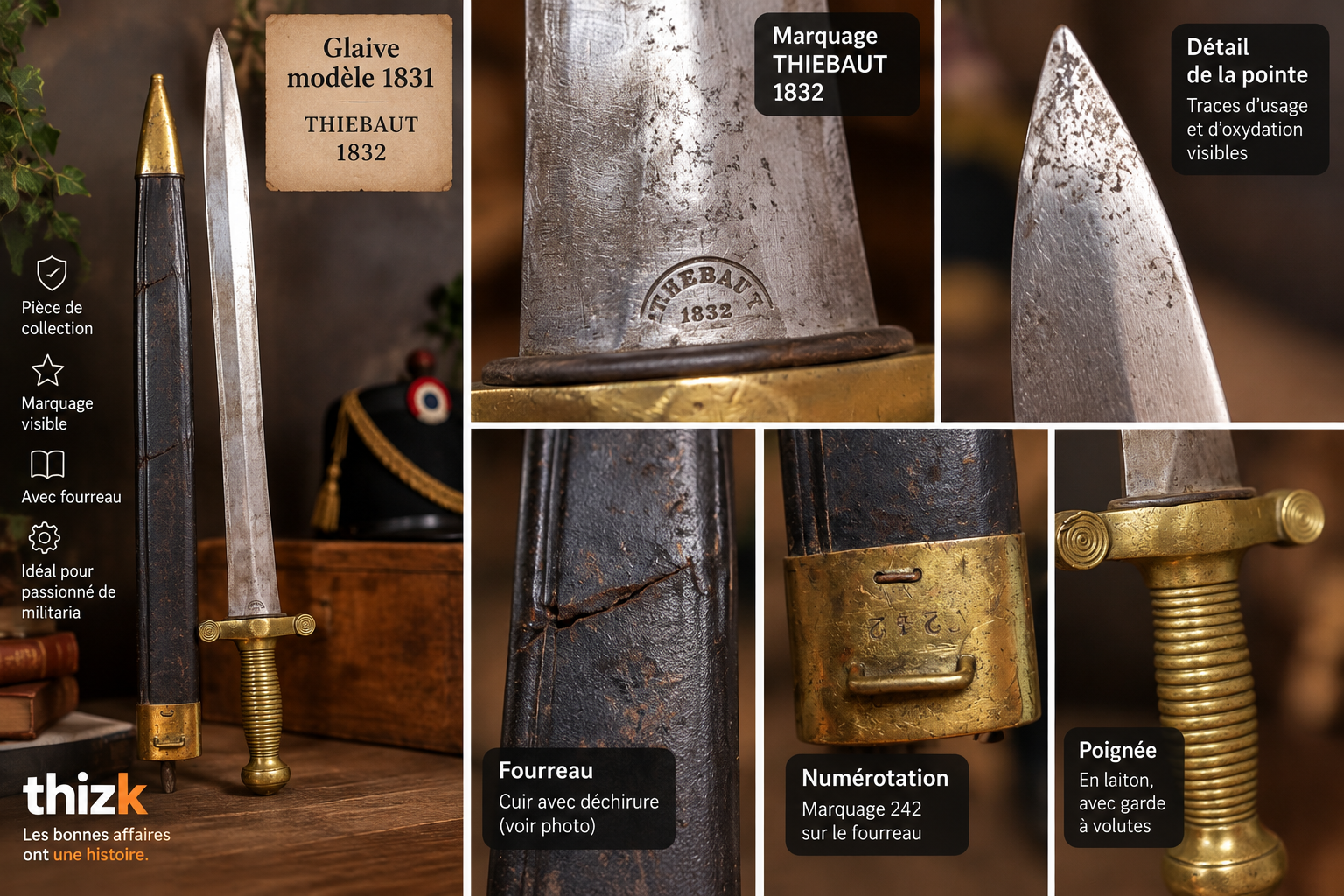 Glaive ancien type modèle 1831 – Marquage Thiébaut 1832 – Avec fourreau